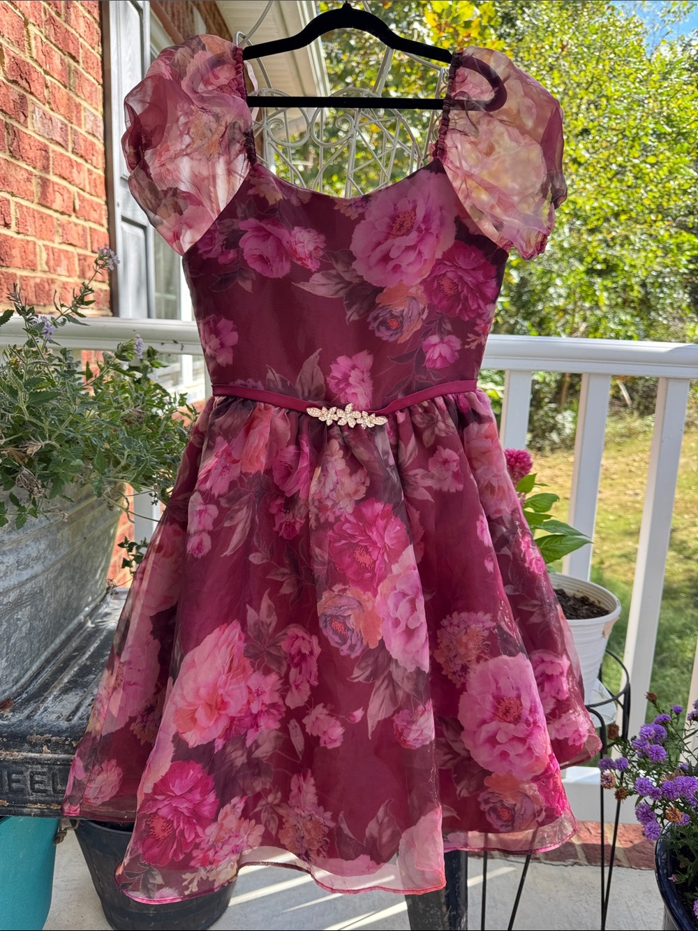 Girl's Rare Editions Burgundy and Pink Floral Puff-Sleeve Party Dress. Size 10
